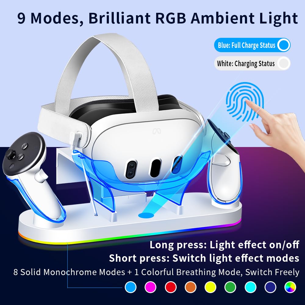 Station de Charge Rapide 18W RGB pour Meta Quest 3/3S, avec 2 Batteries Rechargeables, 8 Modes de Lumière LED, Accessoire de Charge USB-C pour Oculus/Meta Quest 3/3S, Compatible avec Strap Eli