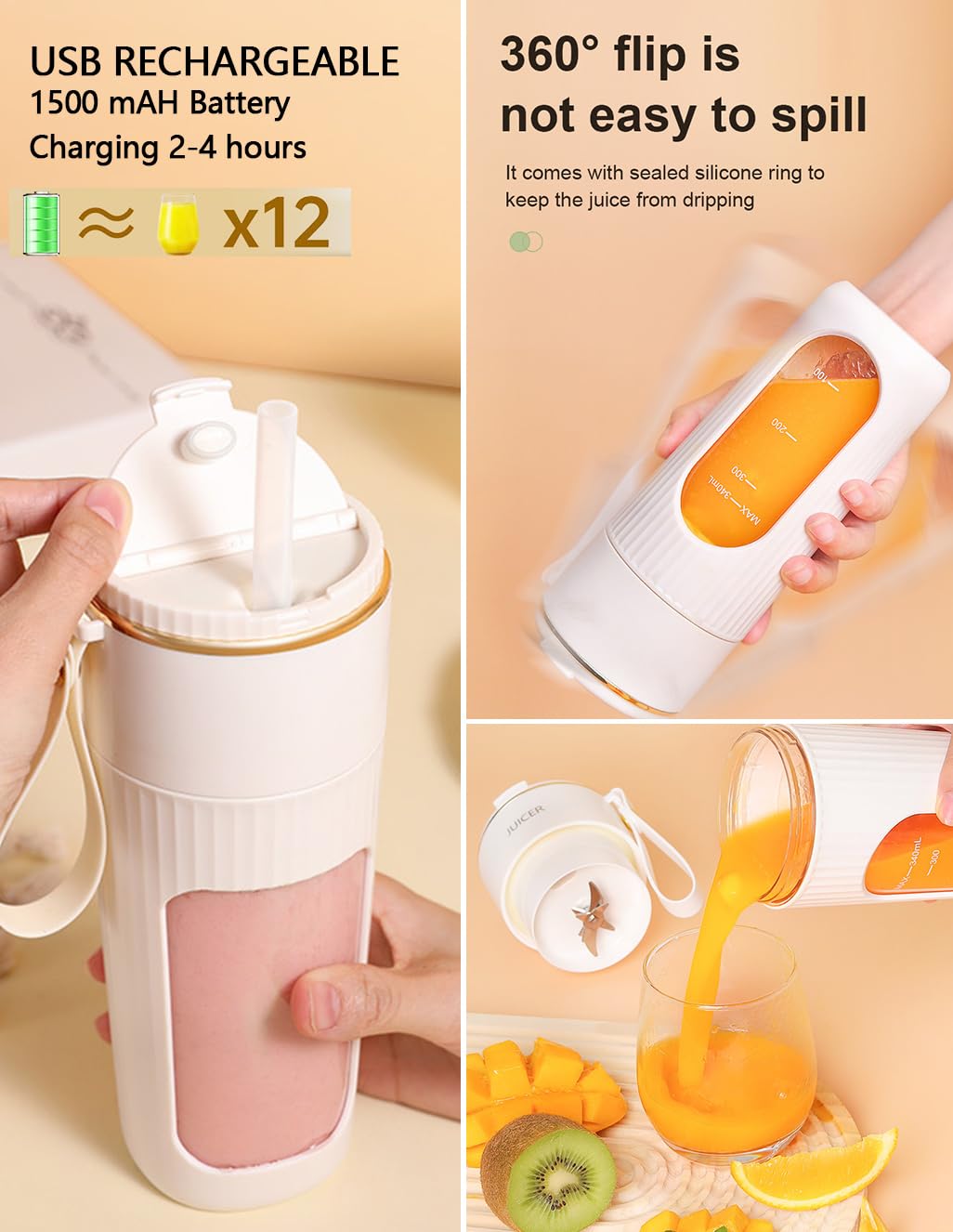 Frullatore Portatile 500ml USB Con 6 Lame In Acciaio, Per Smoothie E Sport, Batteria Ricaricabile 2400mAh