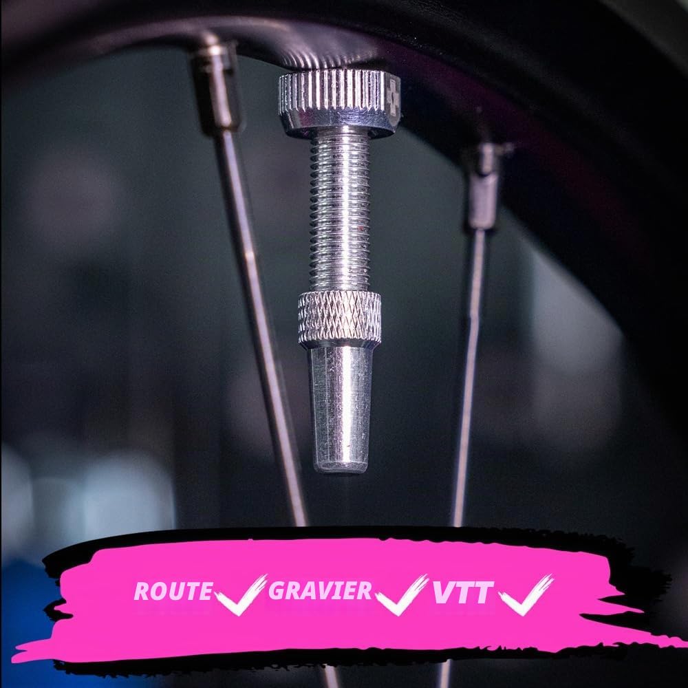 Muc-Off Valves Presta Tubeless - 60 mm - Valves de Vélo Anti-Fuite de Qualité Supérieure avec Outil Démonte-Obus de Valve Intégré - Argenté