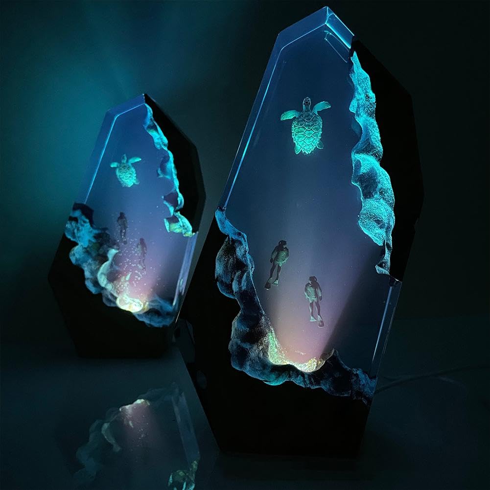 Lampada notturna subacquea in resina fatta a mano, design creativo in legno epossidico, squalo marino profondo e subacqueo, LED per decorazione da scrivania, per gli amanti dell'oceano