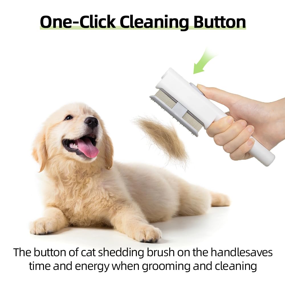 Marchul 2 Pezzi Pettine per Gatti e Cani, Antipulci Autopulente per Pettine Gatto con Pulsante per La Pulizia Rapida e Denti Tondi In Acciaio Inossidabile, per Massaggi e Rimuove Peli & Nodi, Bianco