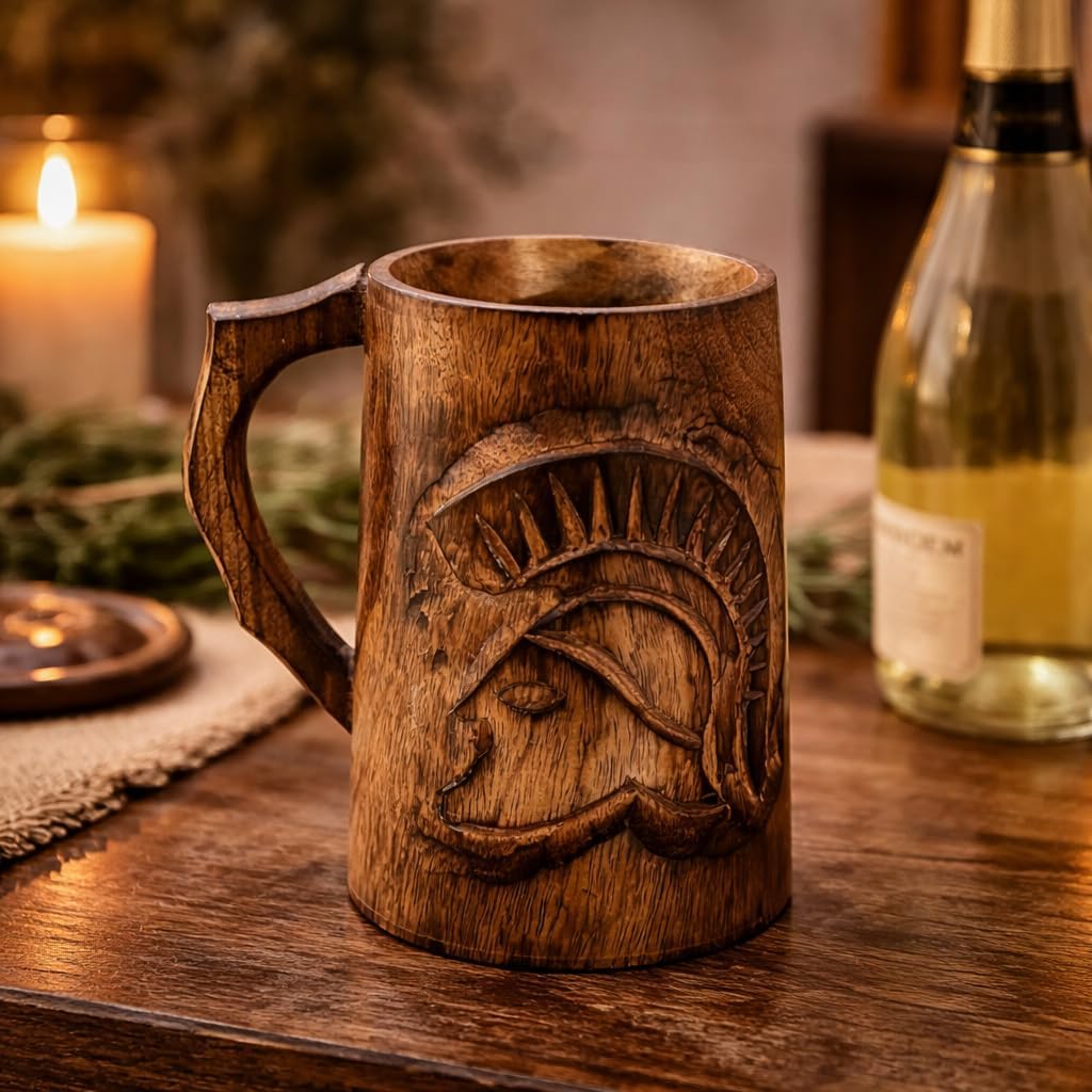 Handcrafted Wooden Beer Mug with Spartan Warrior Helmet Design Rustic Mango Wood Viking Tankard Eco-Friendly Stein Greek Roman Gift for Men, Groomsmen, Bar Decor