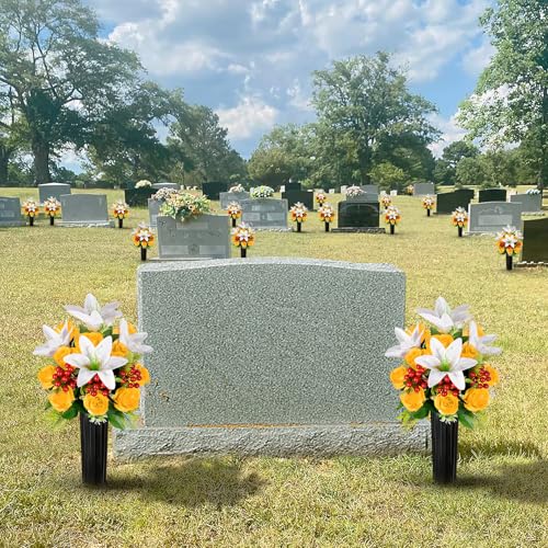 Artificial Cemetery Flowers with Vase, Set of 2 Rose Lily Bouquet Graveside Decoration, Artificial Memorial Flowers for Easter Mother's Day Arrangements (Yellow) image 2