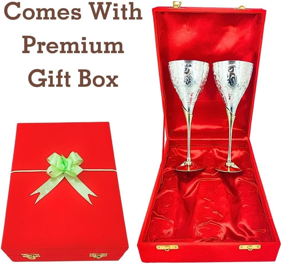 Brass Champagne Toasting Flutes Set of 2 with Velvet Gift Box - Silver Plated Gothic Wine Goblets - Vintage Engraved Chalice for Wedding Anniversary Housewarming - Elegant Couple Gift - Image 2