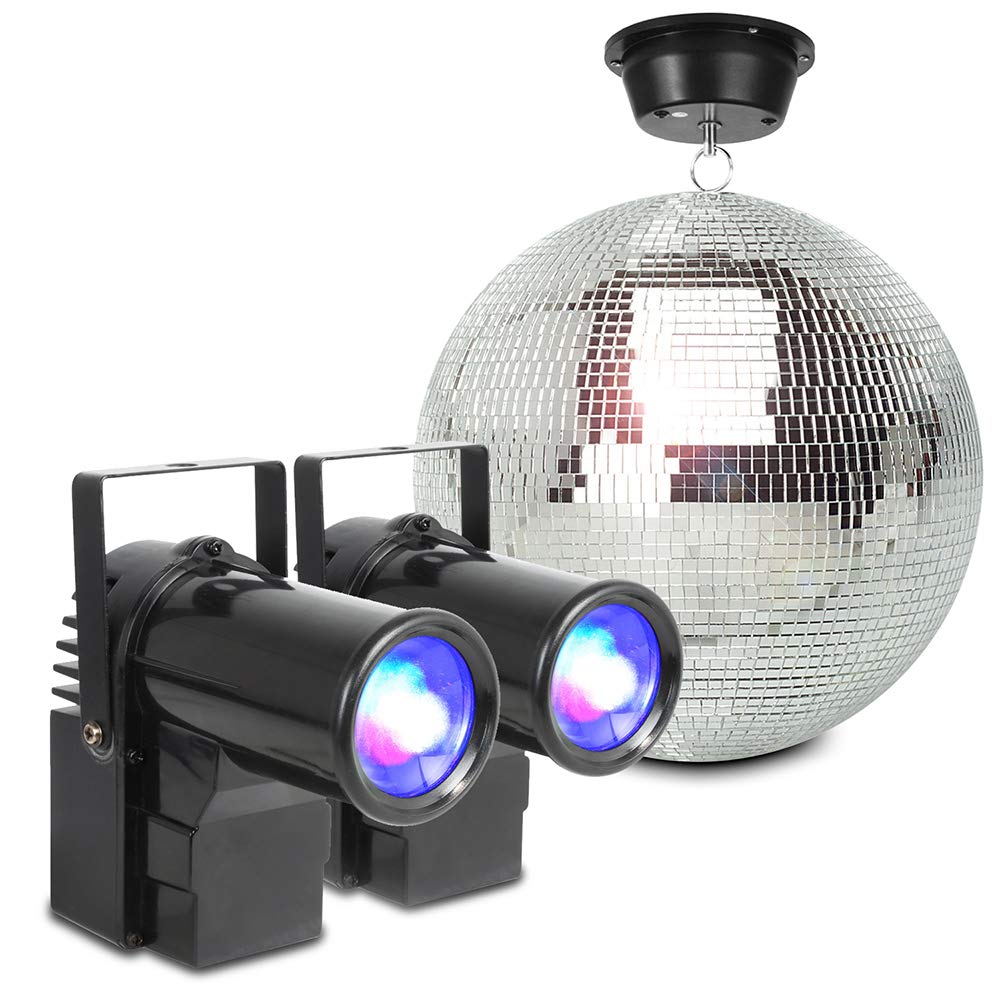 Glitter Mirror Ball 30cm Disco Kit with Motor and 2X BeamZ RGBW 10W LED Pinspot Lights for Wedding Party DJ Event Lighting