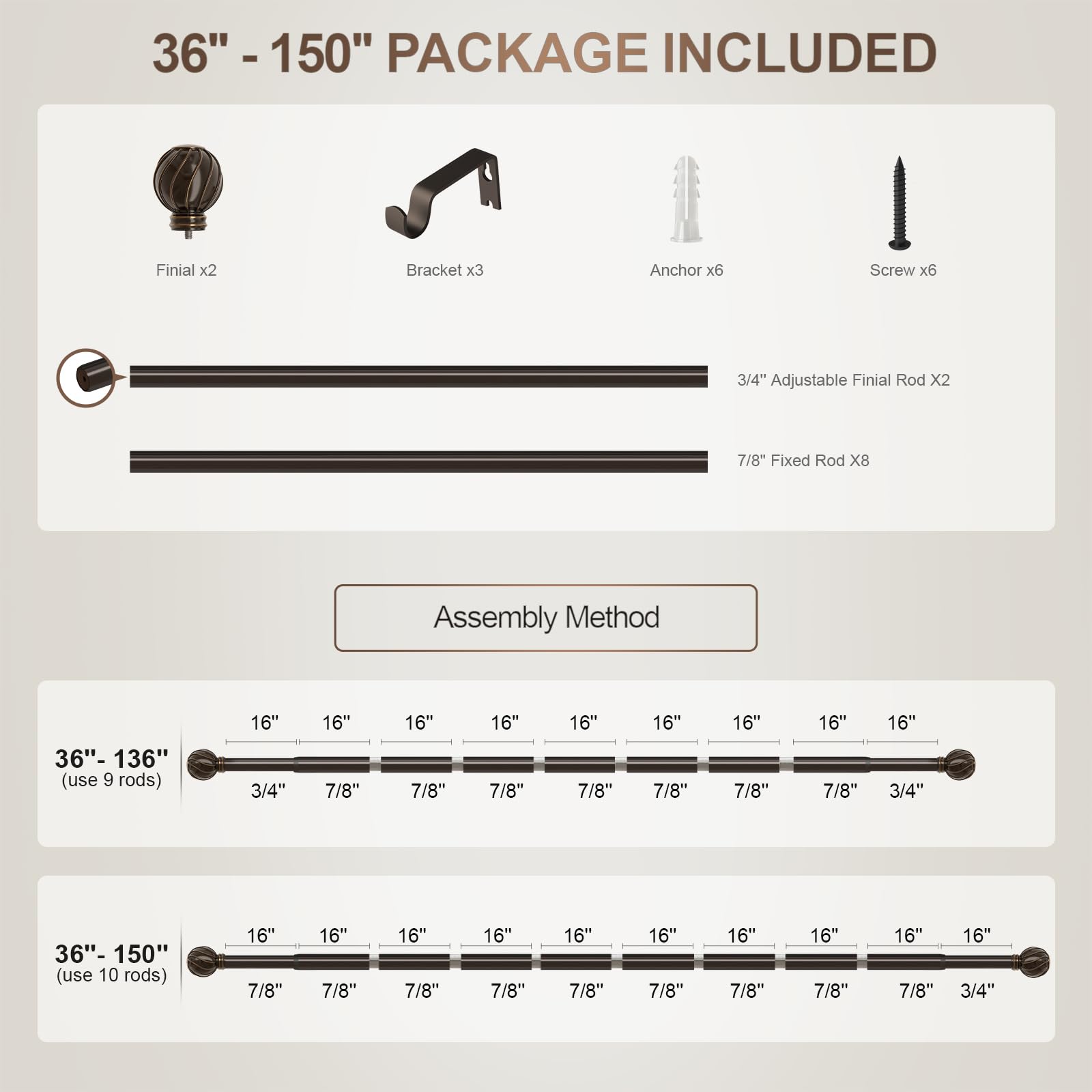 Brown Curtain Rods - Adjustable Length & Heavy Duty -9 Brown Curtain Rods - Adjustable Length & Heavy Duty -9