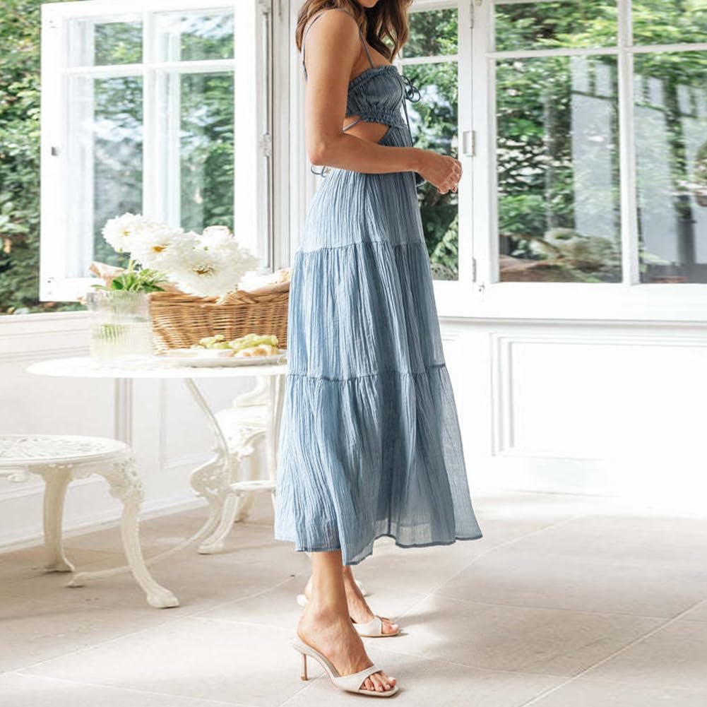 Women's Sexy Spaghetti Strap Maxi Dress Summer Sleeveless Side Cut Out Dress Casual Boho Backless Flowy Long Dresses - Image 4