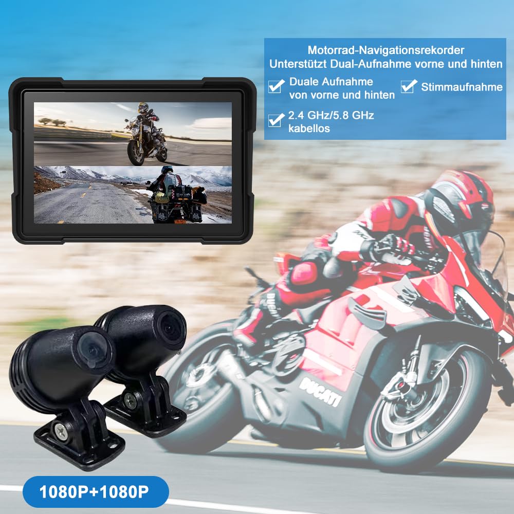 Motorrad Navi Navigationsgeräte Wireless CarPlay Android Auto Portable Motorräder mit Front und Rückansicht Recorder, 5 Zoll Touchscreen wasserdicht GPS Navigation für Motorrad mit 64GB TF-Karte