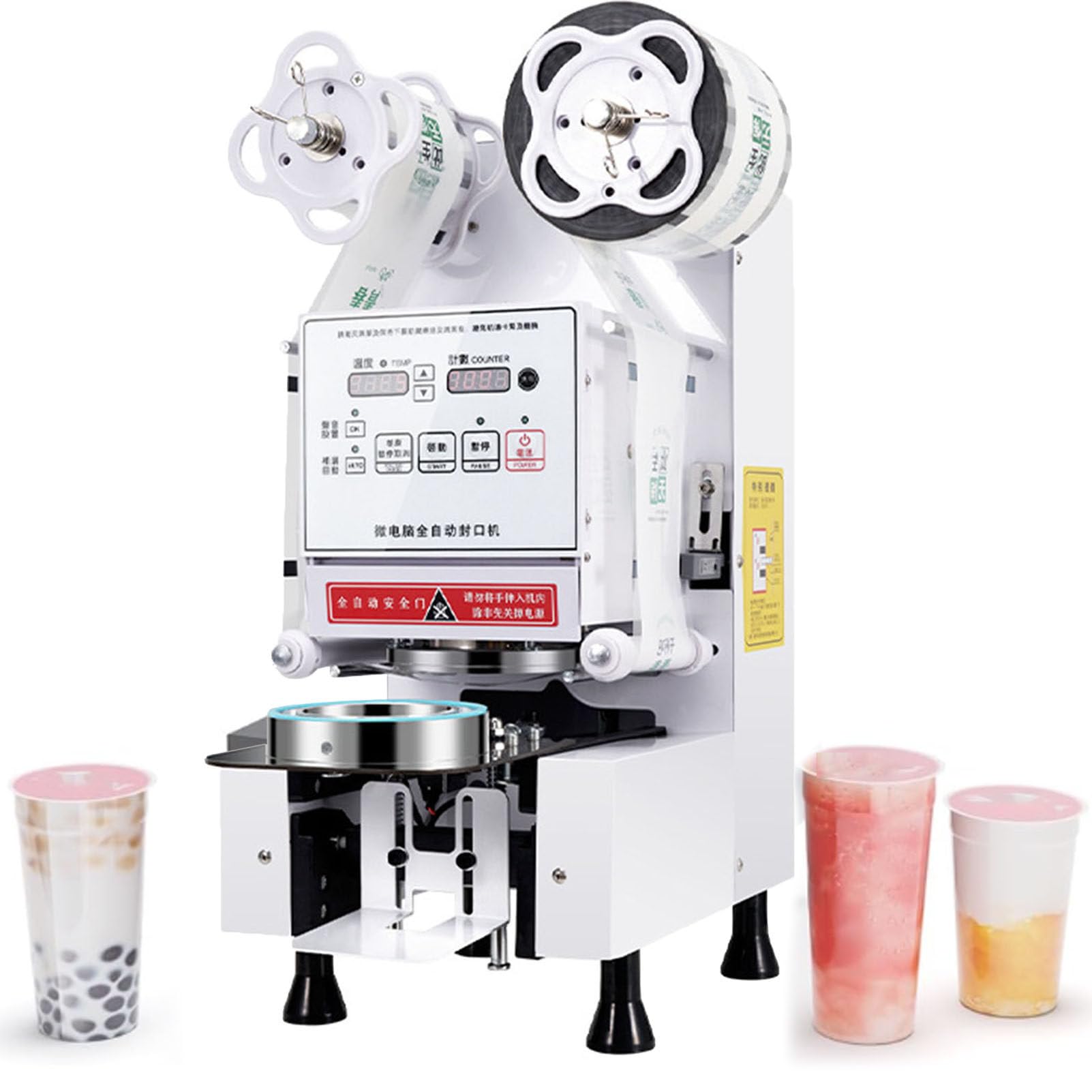 SENJINGHUA Cup Sealing Machine, Full Automatic Cup Sealer Machine 90/95mm, 450-550 Cups/H Commercial Digital Control LCD Panel Electric Cup Sealer for Bubble, Milk Tea, Coffee,White