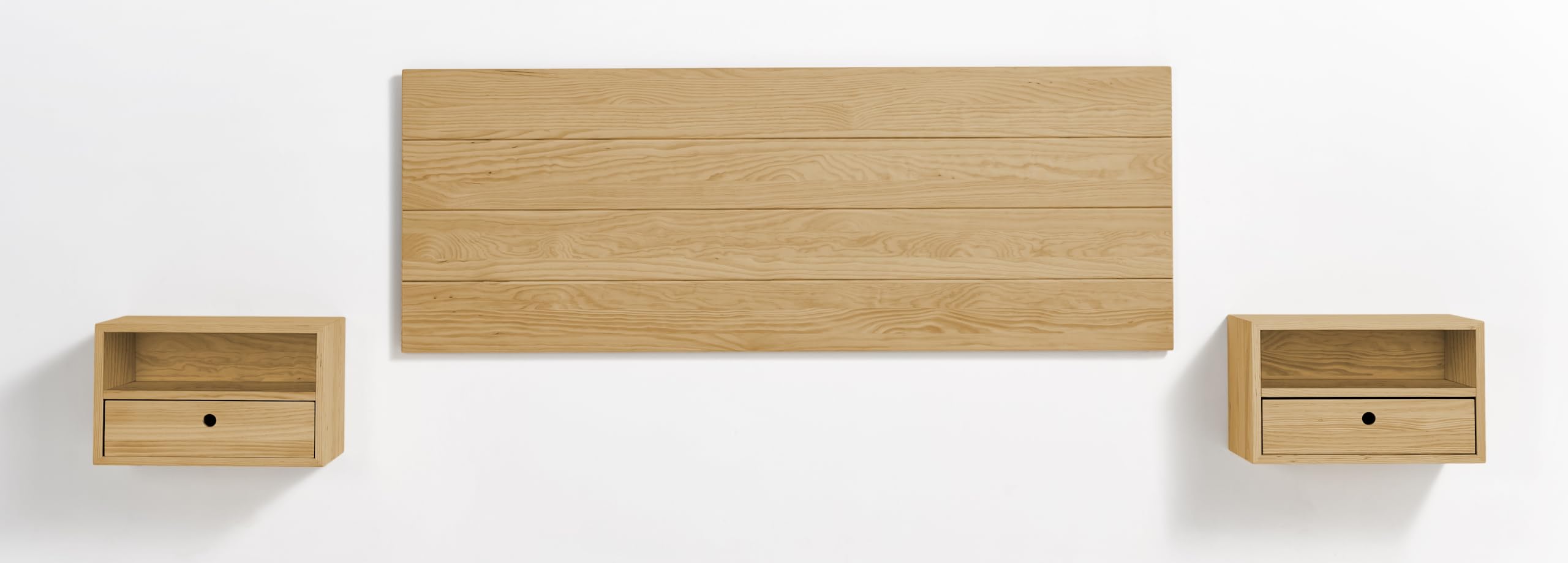 HOGAR24 ES - Cabecero Acabado Madera Maciza Natural + 2 Mesitas Flotantes con Cajón y Hueco Acabado Cera. Medidas Cabecero: 155 x 60 x 2 cm.