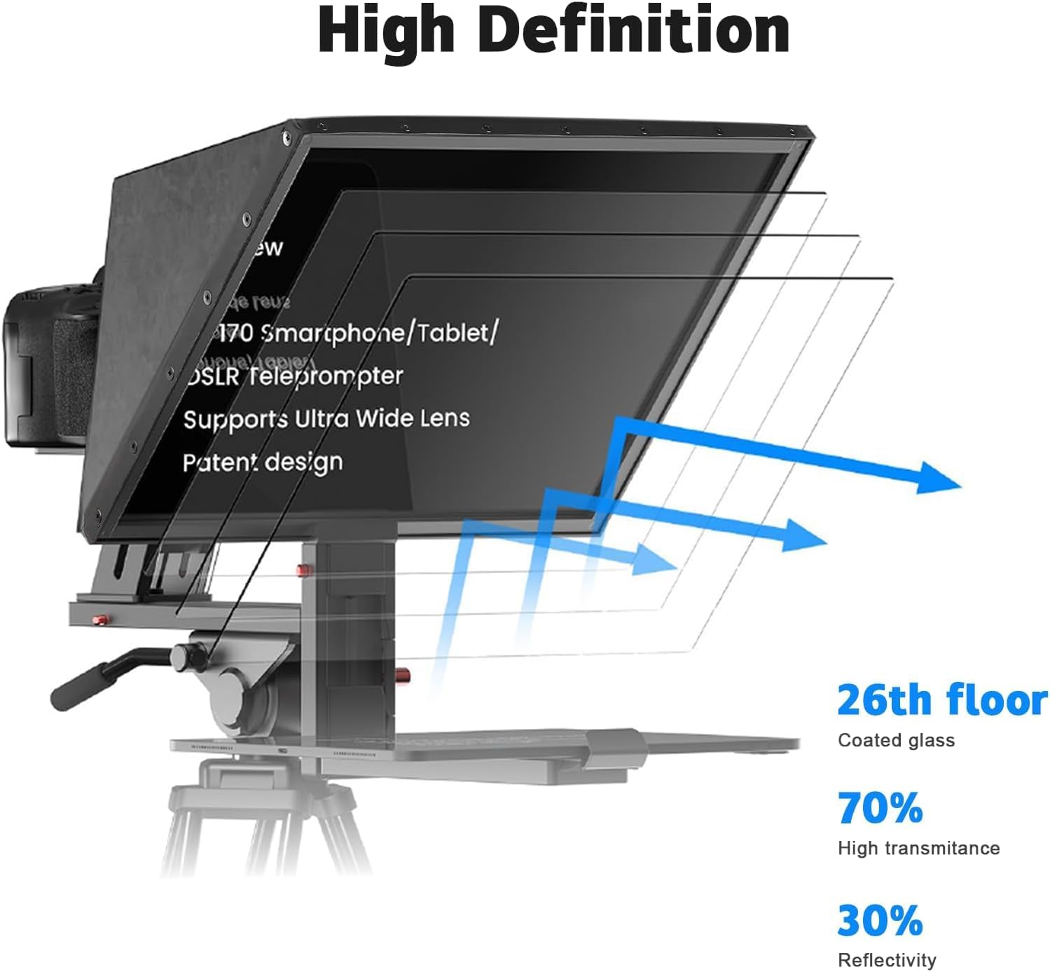 Desview TP170 Teleprompter components laid out next to its carrying case.
