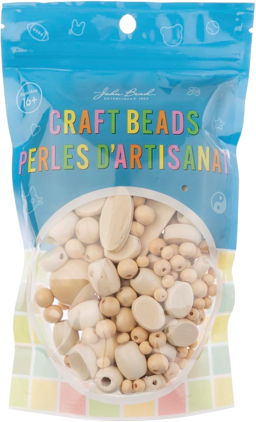 John Bead 90g Craft Beads Assorted Natural Colors Wood Beads with Elastic Nylon Cord