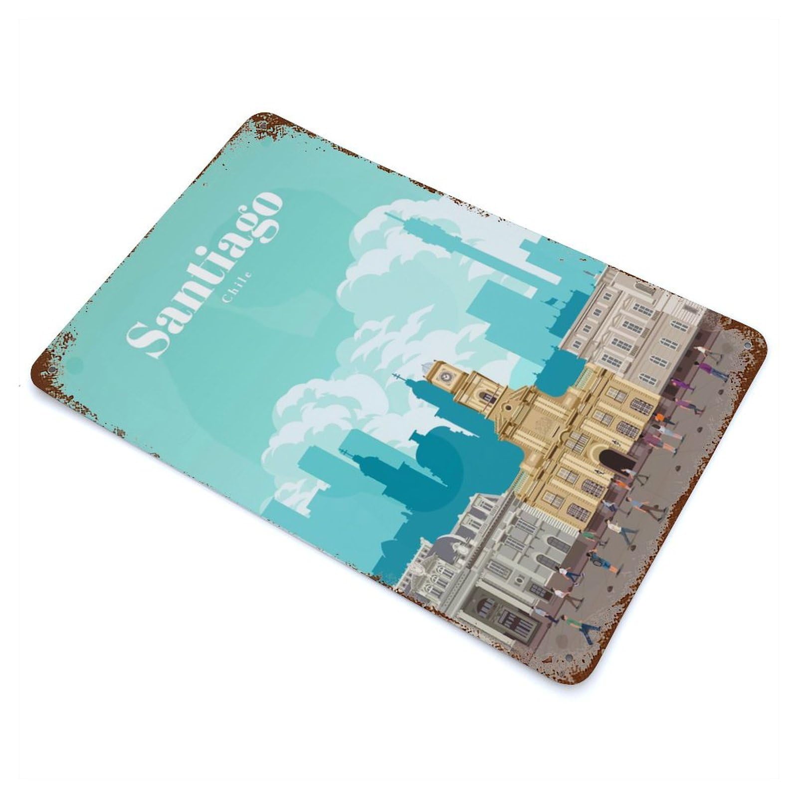 Decorative Tin Sign with Travel to Santiago Design 11.8"x7.9", for Garage, Bar And Workshop Decor, Decorative Metal Wall Art