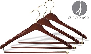 Curved Wood Suit Hanger w/Locking Bar, Box of 50 17 Inch Hangers w/Walnut Finish & Brass Swivel Hook & Notches for Shirt Dress or Pants