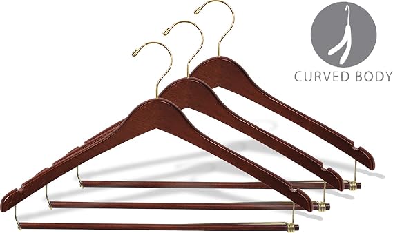 Curved Wood Suit Hanger w/Locking Bar, Box of 50 17 Inch Hangers w/Walnut Finish & Brass Swivel Hook & Notches for Shirt Dress or Pants