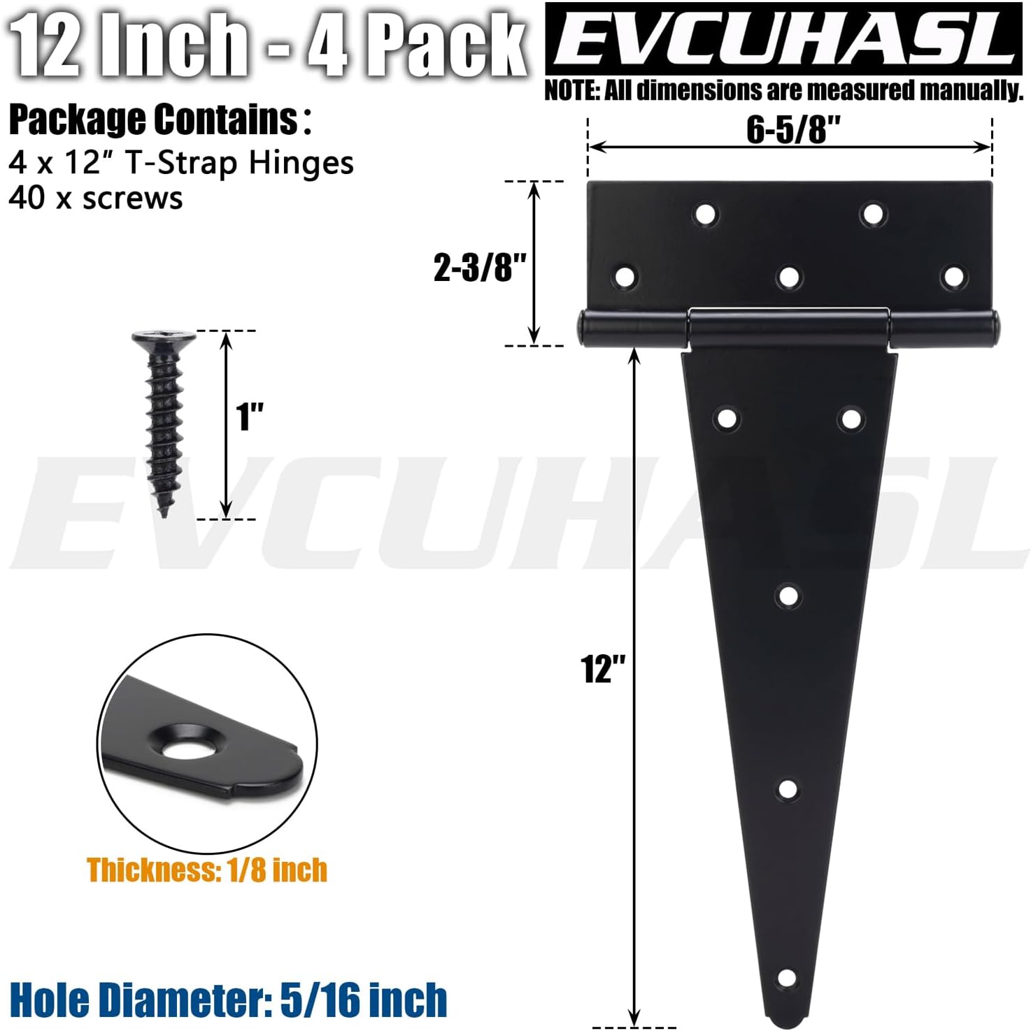 12 Inch T-Strap Gate Hinges, Shed Barn Door Hinges Heavy Duty, Black Tee Hinges for Wooden Fences, Yard Gate, Wrought Hardware Iron Rustproof (4 Pack/Set)