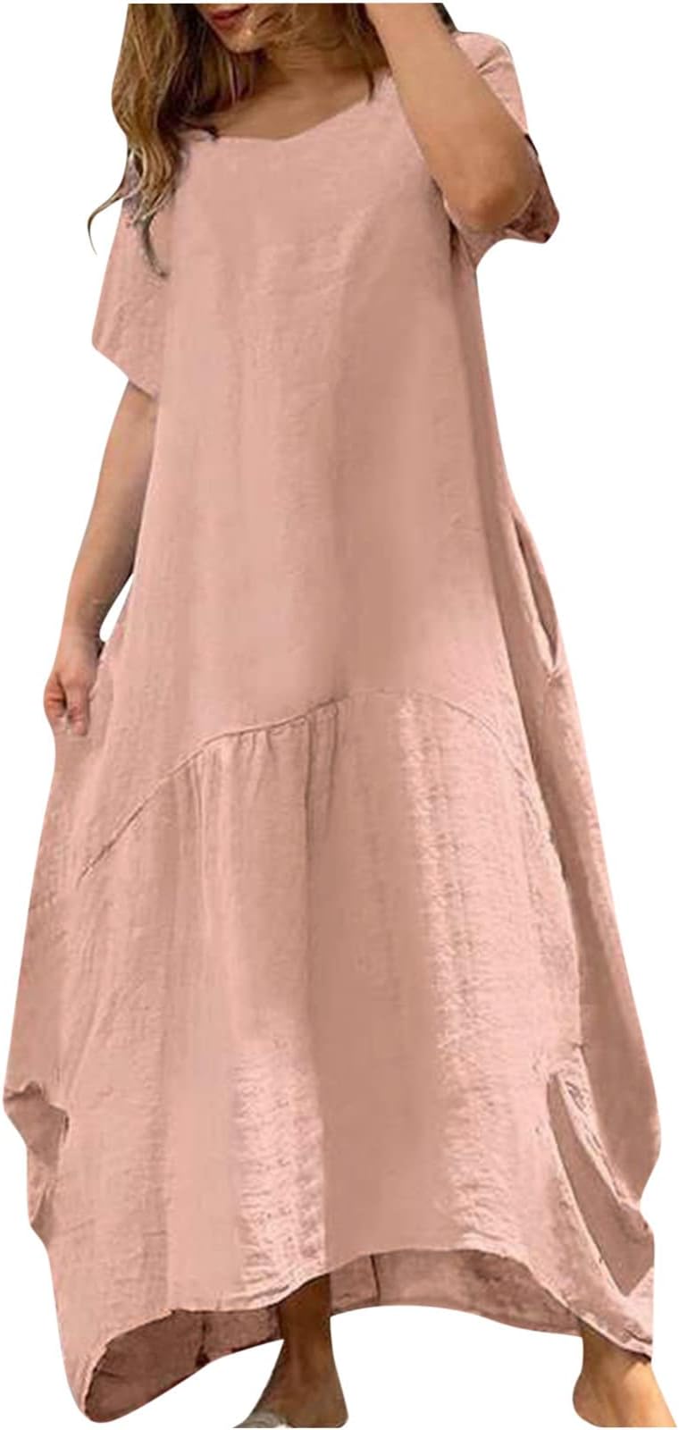 Boat Neck Linen Dresses for Women Summer Fall Short Sleeve Maxi Long Midi Loose Fit Basic Dresses Women 2023