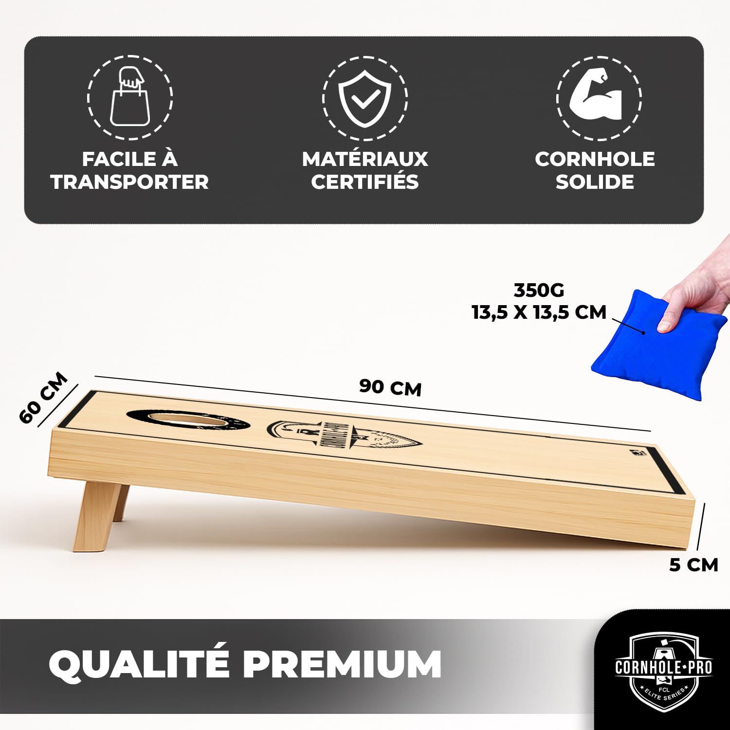 Cornhole Officiel – 90×60 cm – Plateaux Premium + 8 Sacs – Set Complet avec Housse de Transport – Jeu Extérieur Adulte pour Jardin, Plage, Camping – Original Corner