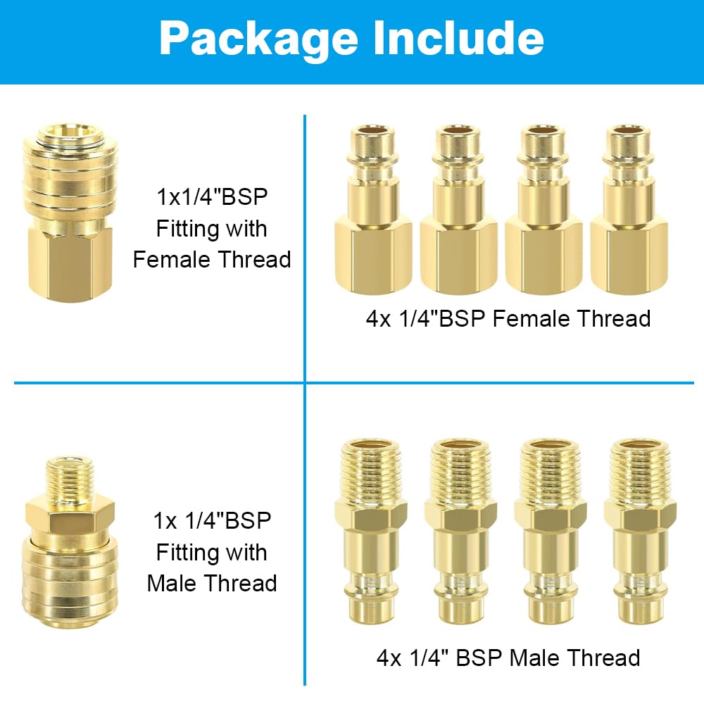 Air Line Connectors 10PCS Euro Airline Hose Compressor Fittings, 1/4" BSP Air Coupler and Plug Kit, Gold Plated Compressor Accessories - Image 3