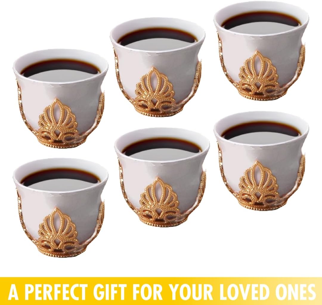 Mirra 1.8 oz Porcelain Turkish Coffee Cup Set of 6 with Removable Gold Holders | Arabic White Coffee Cups | Handcrafted Arabian Greek Turkish Coffee Cups | Juego de Tasas de Cafe