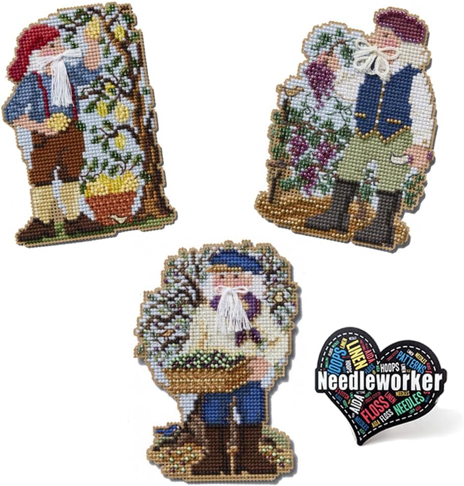 ThingamaJungle Mill Hill Mediterranean Santa Set (2024) Set of 3 Beaded Cross Stitch Kits Including Lemon Grove, Olive Harvest and Vinyard Santas, Plus Decorative 'Needleworker' Sticker