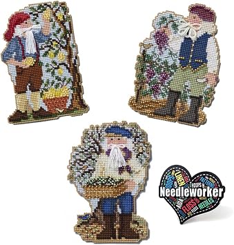ThingamaJungle Mill Hill Mediterranean Santa Set 2024 Set of 3 Beaded Cross Stitch Kits Including Lemon Grove, Olive Harvest and Vinyard Santas, Plus Decorative Needleworker Sticker