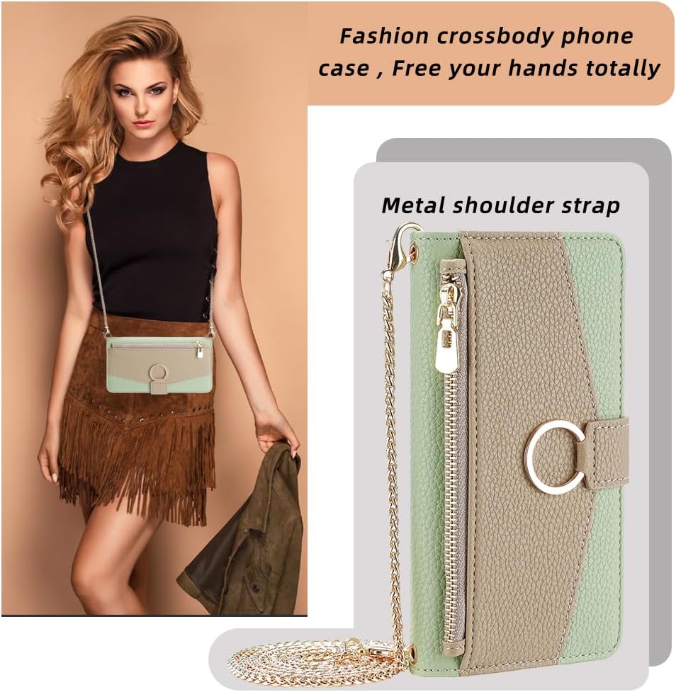 Wallet Case for Nokia 5.3 Flip Phone Case Cover with Crossbody Strap Magnetic Zipper Pocket Makeup Mirror PU Leather Shockproof with Kickstand Shell Green