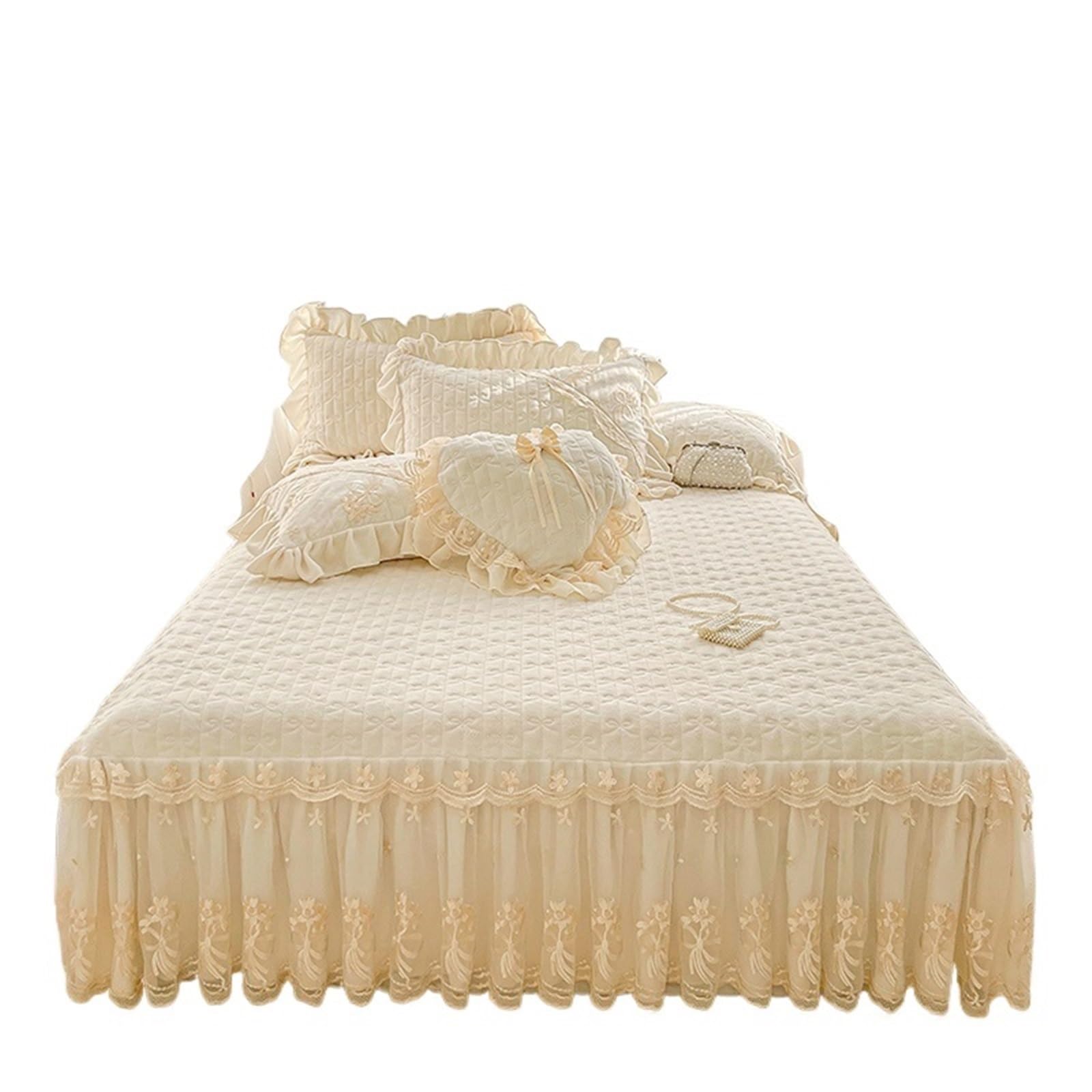3/6Pcs Thickened Crystal Velvet Bed Skirt, Flowers Lace Embroidery Sheet, Bedspread, Quilted Cover, Pillowcases(Beige,180X200cm 6pcs)