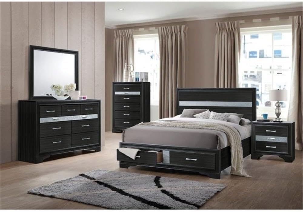BOWERY HILL Modern 6-Drawer Chest, Black Finish, 51" H x 34" W x 17" D, Felt-Lined Jewelry Drawer, Crystal-Inspired Handles, Contemporary Bedroom Storage Furniture