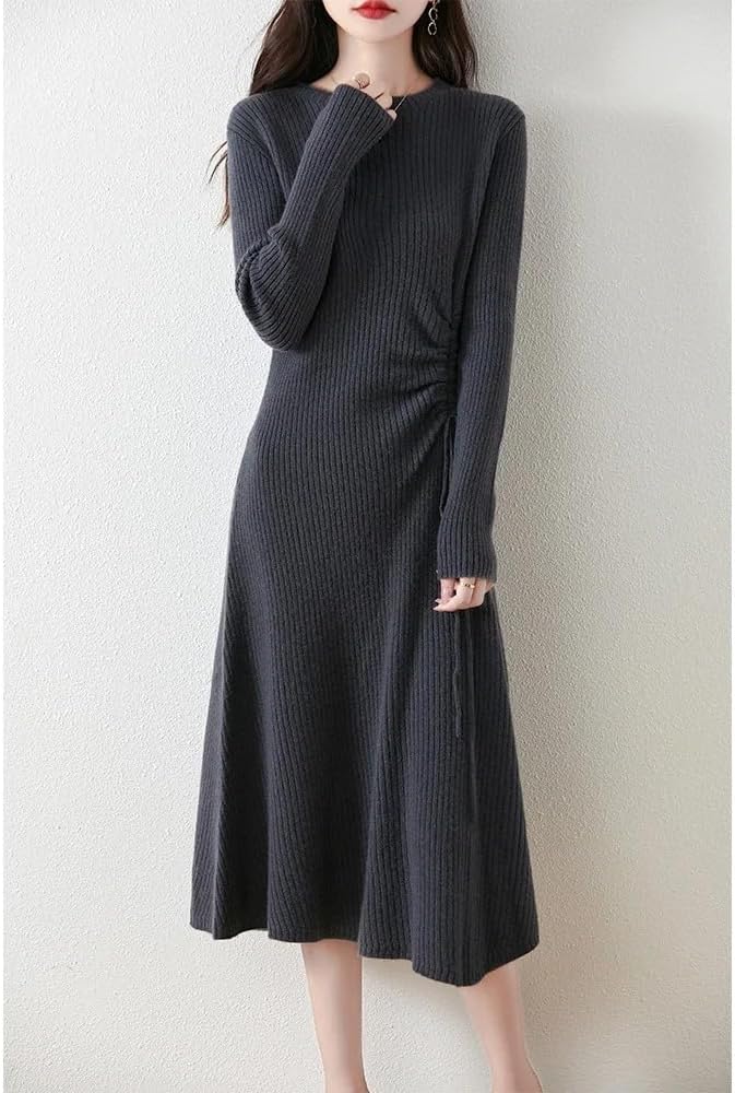 Women Wool Dress Drawstring Pullover Autumn Winter Knitwear Slim Cashmere Sweater A-Line Skirt