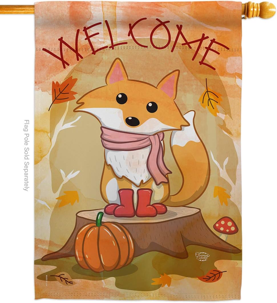Welcome Fall Foxy House Flag Dowel Set Falltime Harvest Autumn Scarecrow Pumkins Sunflower Leaves Season Autumntime Gathering Small Decorative Gift Yard Banner Made In USA 28 X 40