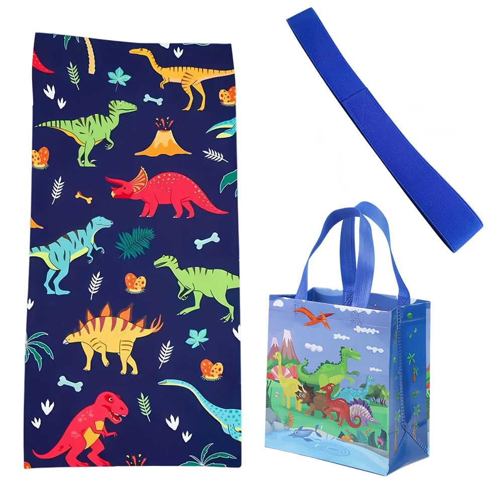 KDFSSIPE Dinosaur Beach Towel Made of Microfibre, 3 Pieces Beach Towel for Boys, Dinosaurs, with Elastic Strap, Quick-Drying, Sand-Free, Large, for Beach, Pool, Camping and Outdoor Use (blue1)