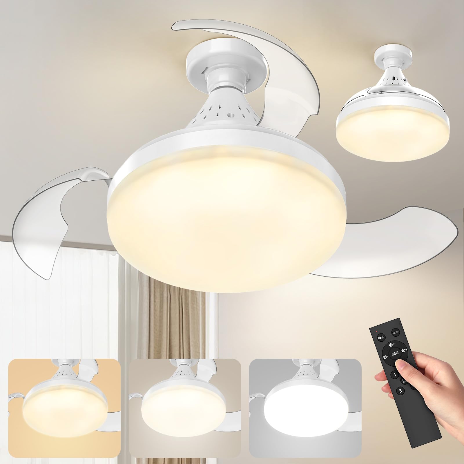Ventilatore da Soffitto con Luce LED Dimmerabile e Telecomando, Pale Retrattili, 4 Velocità, Attacco E27, Silenzioso Adatto per Soggiorno e Camera da Letto