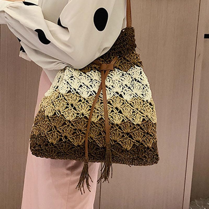 Image of MAIRO LIFESTYLE Straw Wicker Handmade Boho Summer Beach Drawstring Tote Bag