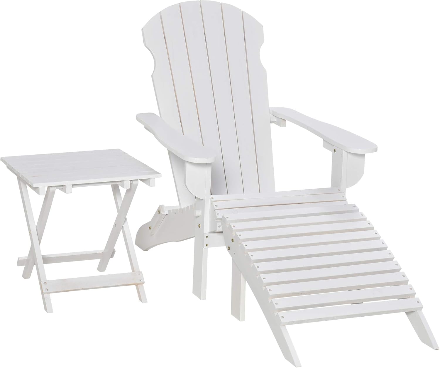Outsunny 3-Piece Folding Adirondack Chair with Ottoman and Side Table, Outdoor Wooden Fire Pit Chairs w/High-Back, Wide Armrests for Patio, Backyard, Garden, Lawn Furniture, White