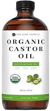 Kate Blanc Cosmetics Castor Oil for Face, Hair & Skin 16oz, Organic, Cold Pressed, Hexane-Free Moisturizer for Eyelashes, Eyebrows, and Scalp