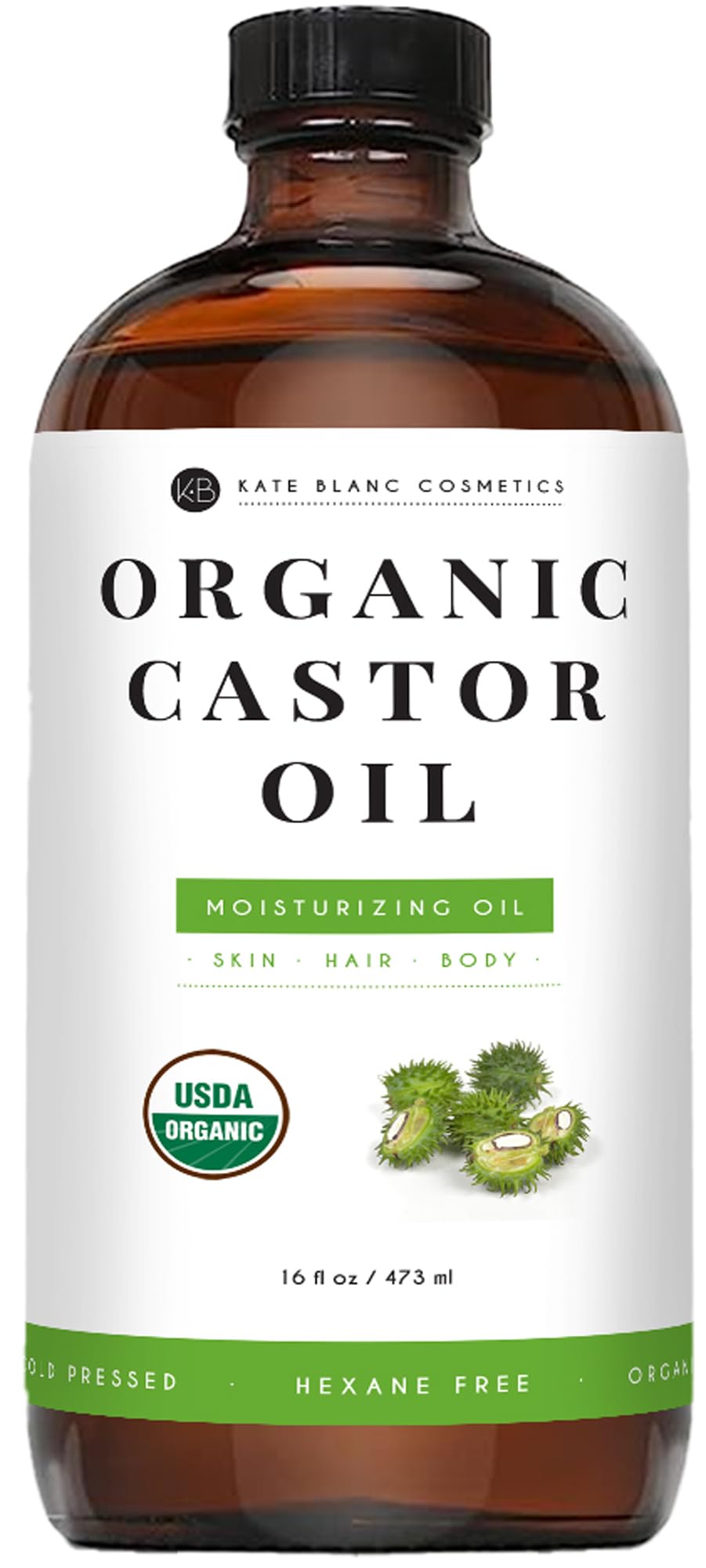 Kate Blanc Cosmetics Castor Oil for Face, Hair & Skin (16oz, Organic, Cold Pressed, Hexane-Free) Moisturizer for Eyelashes, Eyebrows, and Scalp