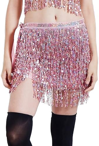 Skwodico Sequins Wrap Skirts Belly Dance Hip Tassels for Women and Girls BSKG2209 (BSKG2209Pink)