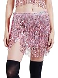 Skwodico Sequins Wrap Skirts Belly Dance Hip Tassels for Women and Girls BSKG2209 (BSKG2209Pink)