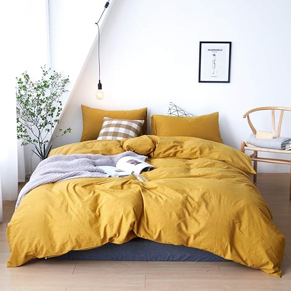 DONEUS 100 Washed Cotton Duvet Cover Twin Solid Yellow Duvet Cover