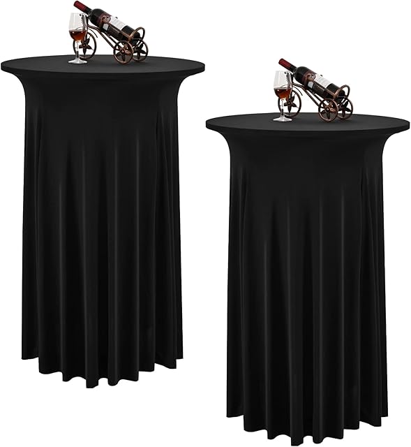 LYAFS 2 Packs Round Cocktail Table Skirt 32"x 43" Spandex Stretch Cocktail Tablecloth with Wavy Drapes, Black Spandex Fitted High Top Table Covers for Wedding Bar Party Birthday Banquet Table