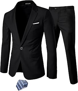 Men's 2 Piece Slim Fit Suit with Stretch Fabric, One Button Solid Jacket Pants & Tie Set