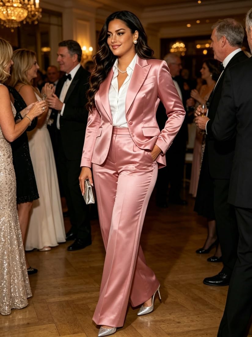 2 PC Business Suits for Women Satin Blazer Pants Set Prom Party Wedding Outfit