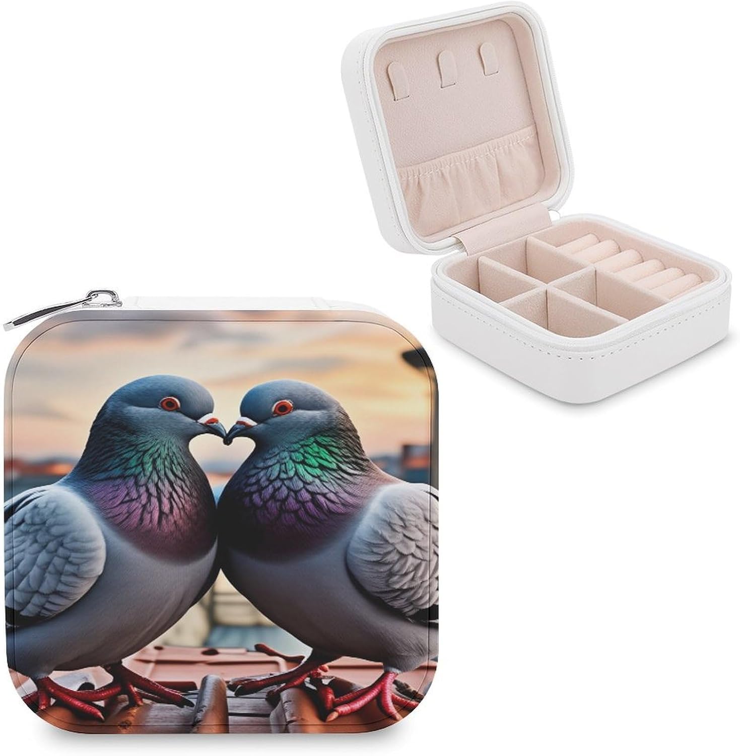 Colorful Pigeon Travel Jewelry Organizer Box for Women, Compact PU Leather Jewelry Case with Zipper Closure, Portable Jewelry Storage Box with Ring Earring Holder