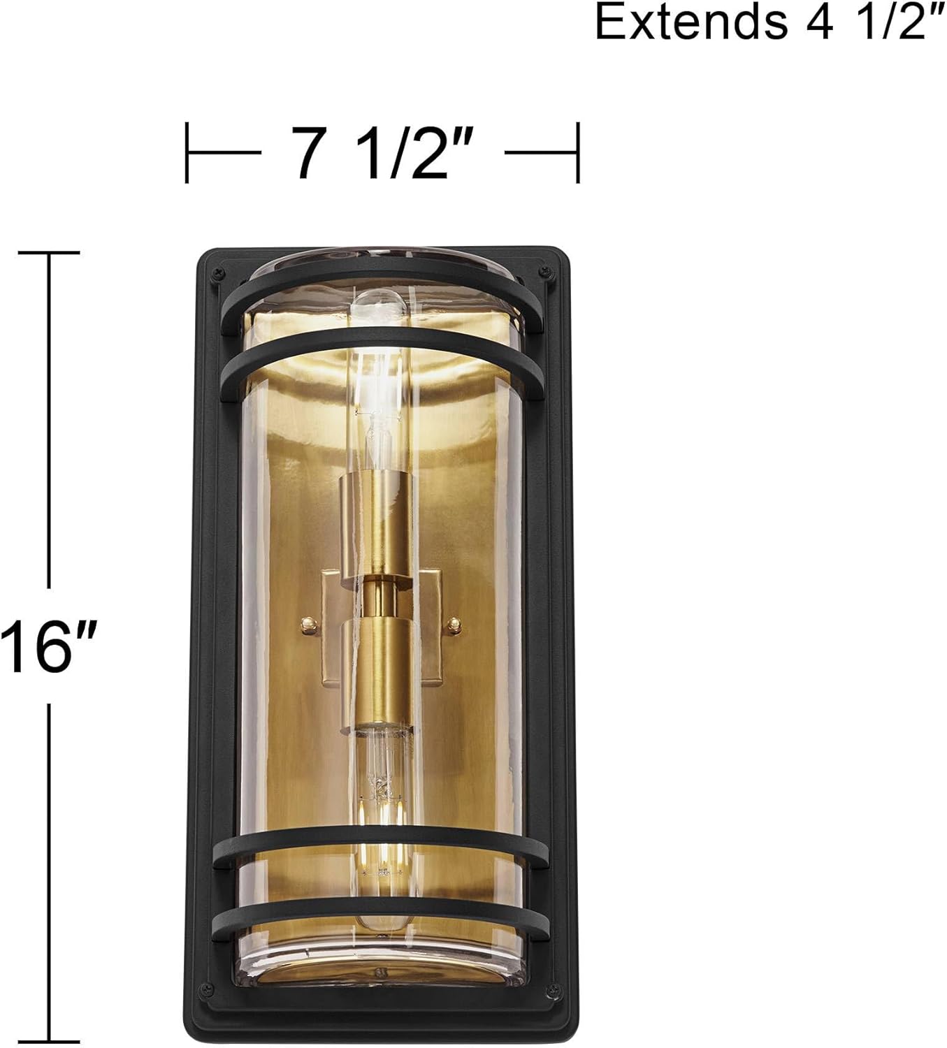 John Timberland Habitat Modern Outdoor Wall Light Fixture Black Brass 2-Light Downlight Uplight 16" Clear Glass for Exterior House Porch Patio Outside Deck Garage Yard Front Door Garden Home