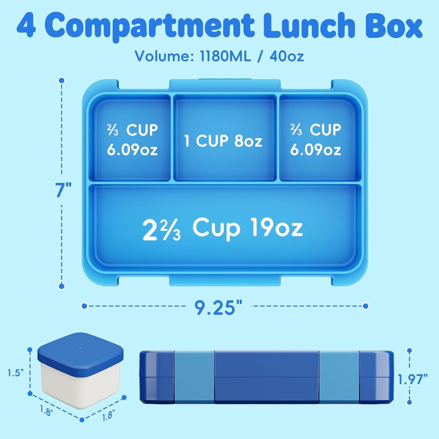 Bento Lunch Box for Kids, 4 Compartments Kids Leak Proof Bento Lunch Boxes Food Containers for School, Travel, On-the-Go Meal, Food Grade, Microwave, Dishwasher Safe, Pure Blue - Image 3