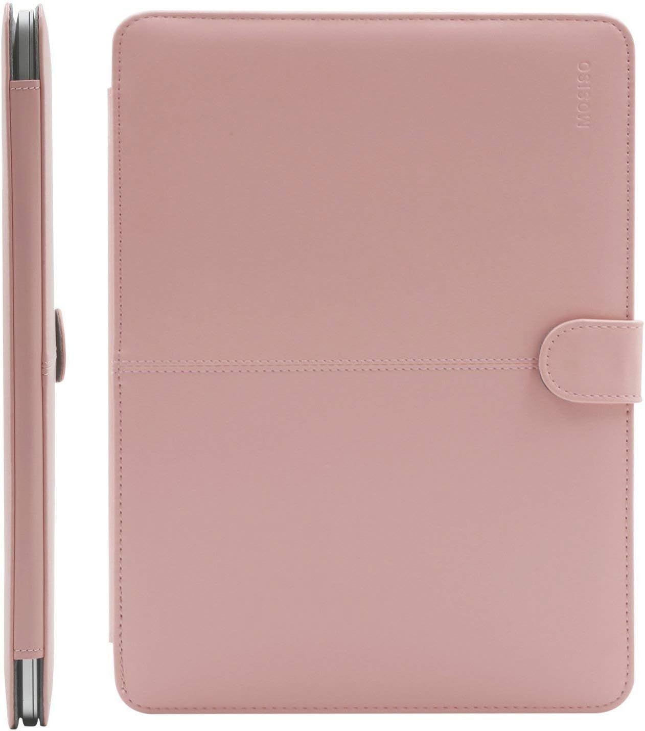 MOSISO Compatible with MacBook Air 15 inch M2 A2941 2023 / Pro 15 inch Case A1990 A1707 2019 2018 2017 2016 Release, PU Leather Portfolio Protective Stand Cover Sleeve with Clear Strip, Rose Quartz