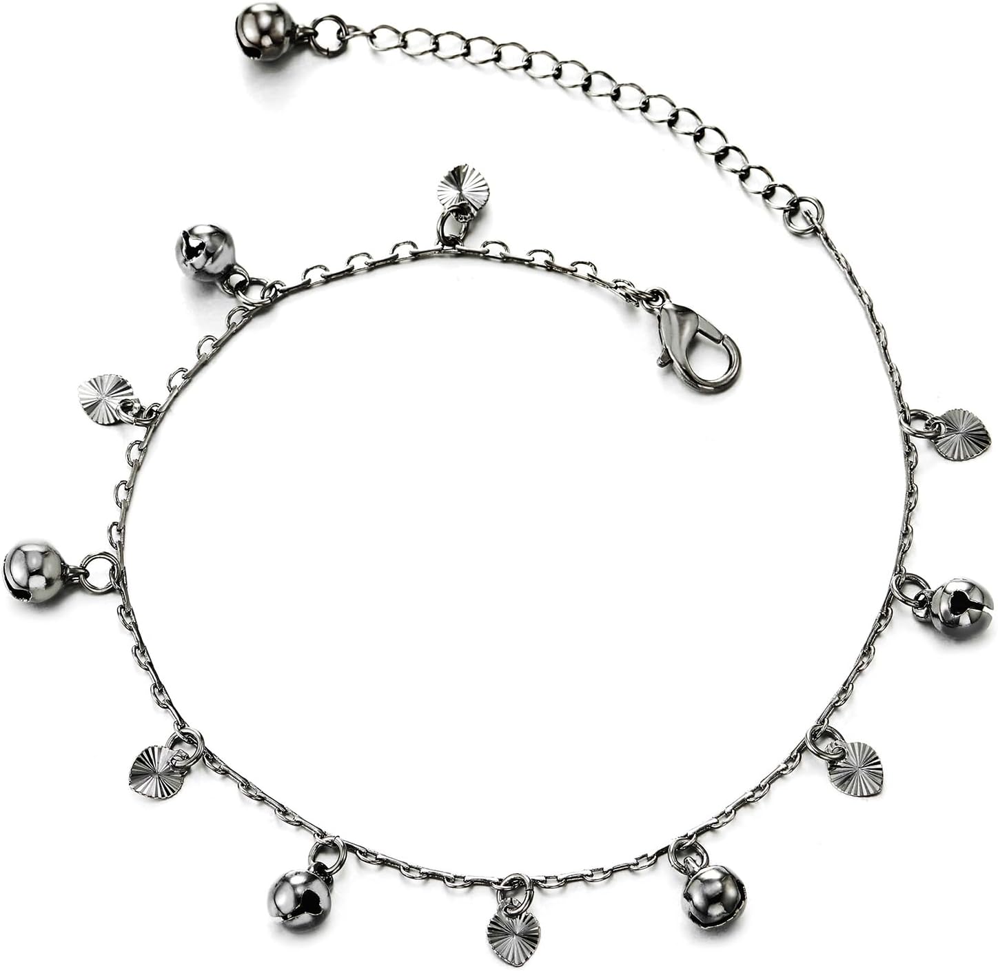 COOLSTEELANDBEYOND Beautiful Link Chain Anklet Bracelet with Dangling Grooved Hearts and Jingle Bells, Adjustable
