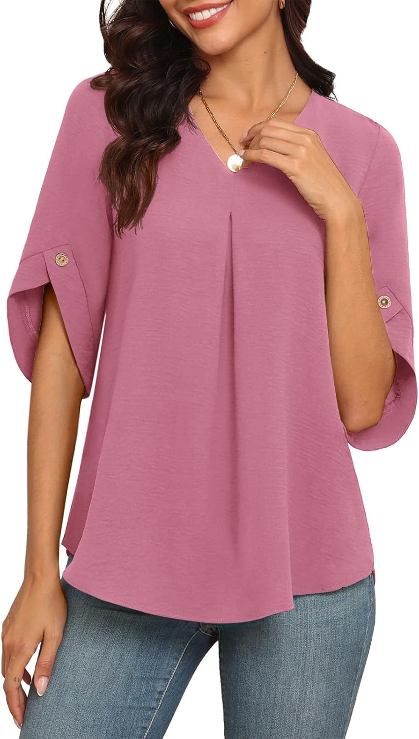 LAOLASI Womens Summer Chiffon Blouses Bell Short Sleeve V Neck Casual Dressy Work Tops for Leggings 2025 Loose Flowy Tshirts - Image 2