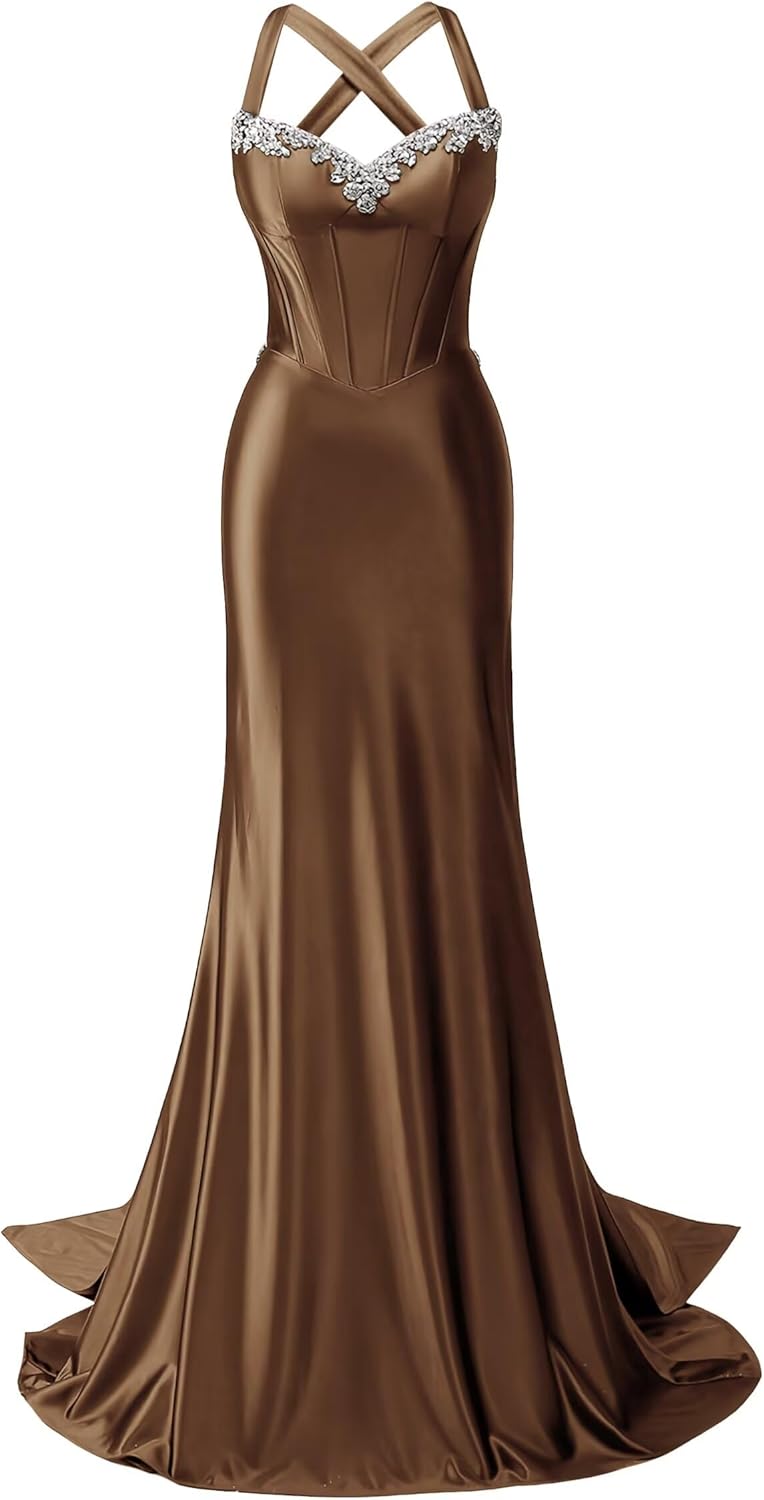 Spaghetti Straps Beaded Satin Prom Dresses for Women 2026 Mermaid Formal Evening Dress Long Ball Gowns